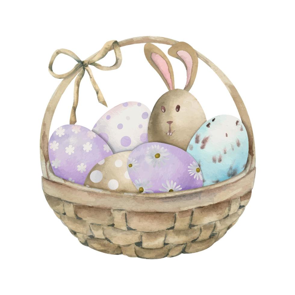 Watercolor hand drawn Easter celebration clipart. Basket with painted eggs, grass, bunnies, pastel color. Isolated on white background Design for invitations, gifts, greeting cards, print, textile vector