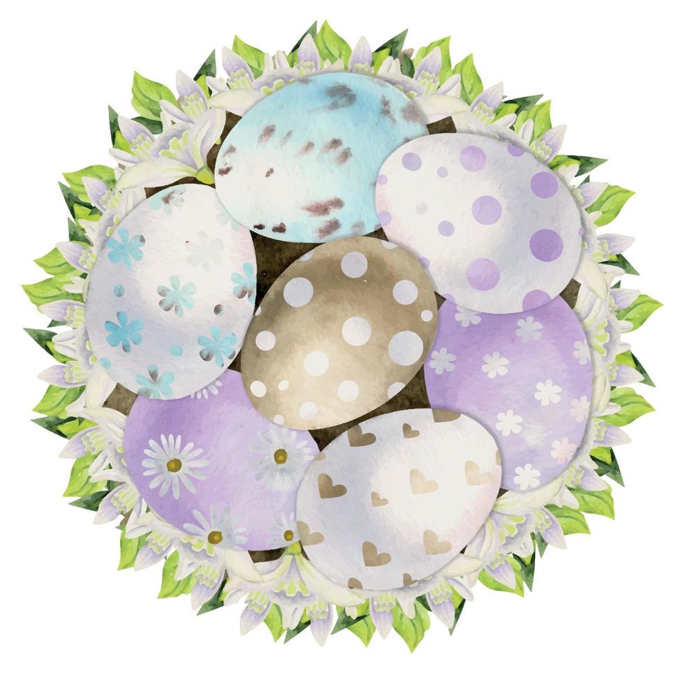 Watercolor hand drawn Easter celebration clipart. Nest wreath with painted eggs, leaves, flowers, pastel color. Isolated on white background. For invitations, gifts, greeting cards, print, textile vector