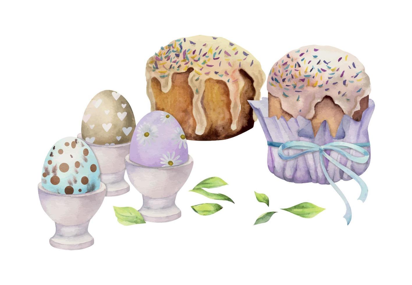 Watercolor hand drawn Easter celebration clipart. Composition of kulich bread, spring daffodil flowers, leaves. Isolated on white background. For invitations, gifts, greeting cards, print, textile vector