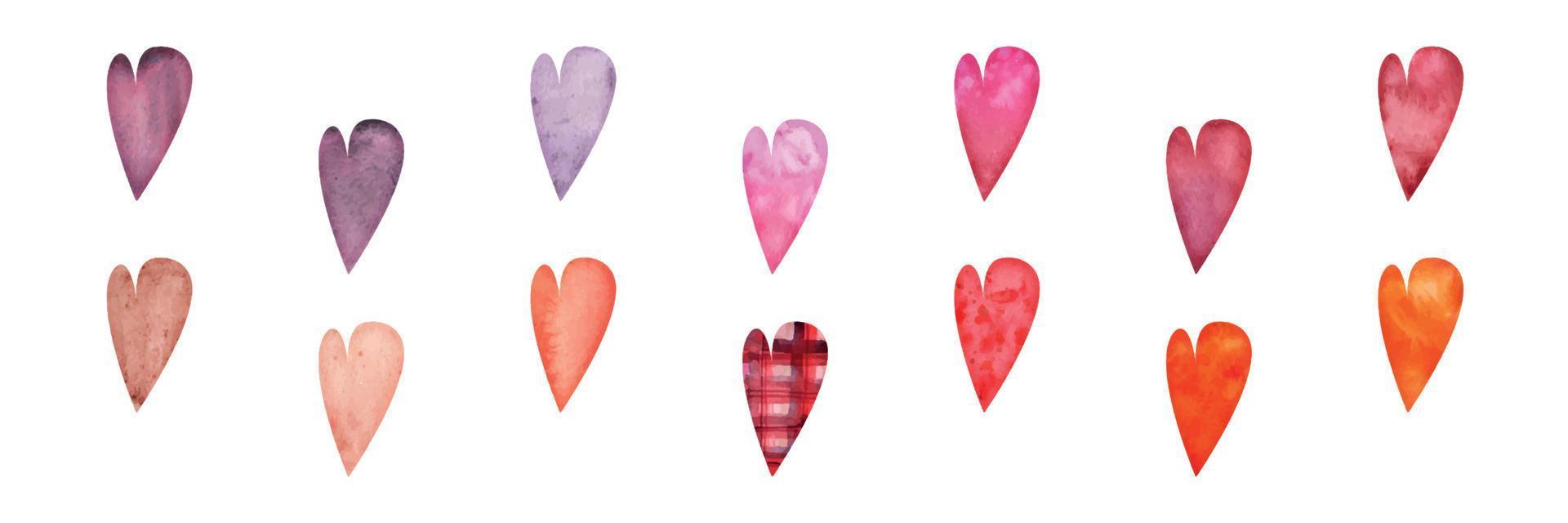 Watercolor hand drawn set of objects, textured red, pink and purple hearts for Valentine's day. Isolated on white background. Design for paper, love, greeting cards, textile, print, wallpaper, wedding vector