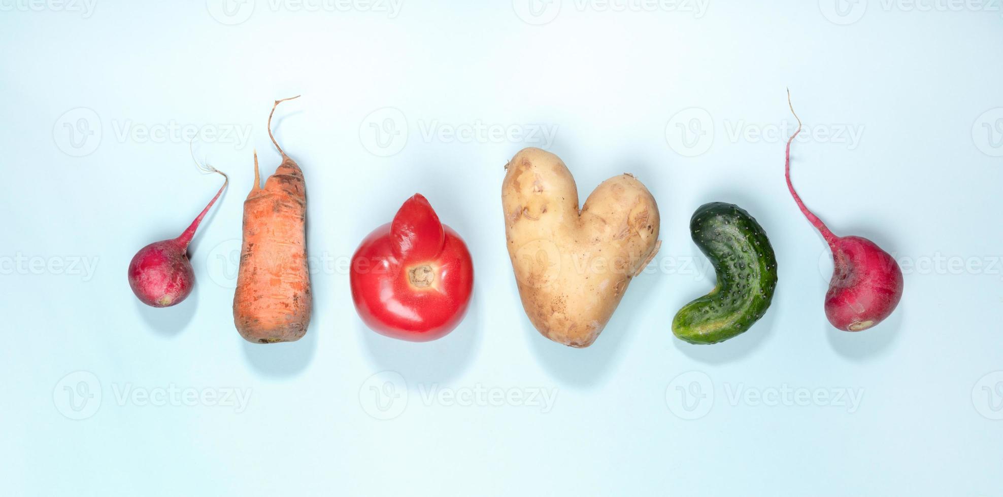 Six ripe ugly vegetables potato, tomato, cucumber and radish laid out in row on light blue background. photo