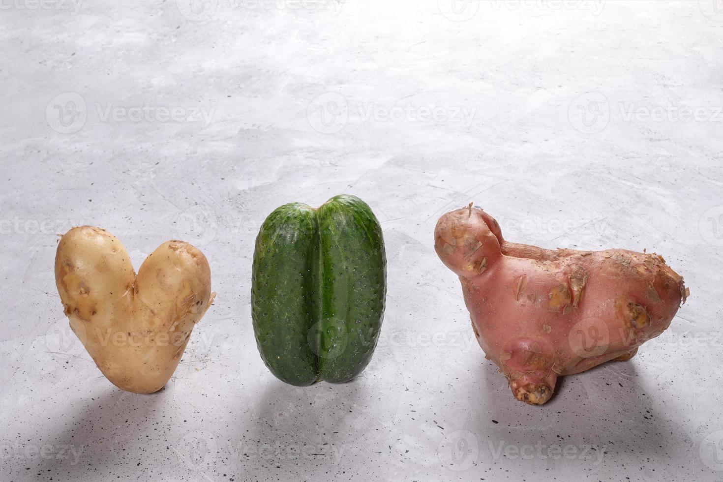 Three ugly vegetables potato and cucumber on grey concrete background. photo