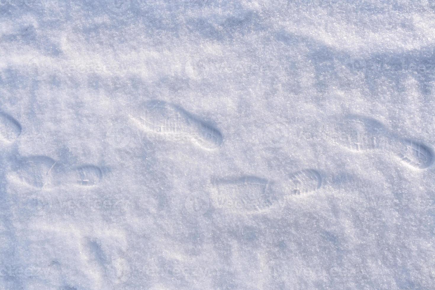 Several human foot prints in shoes on white freshly fallen snow. photo