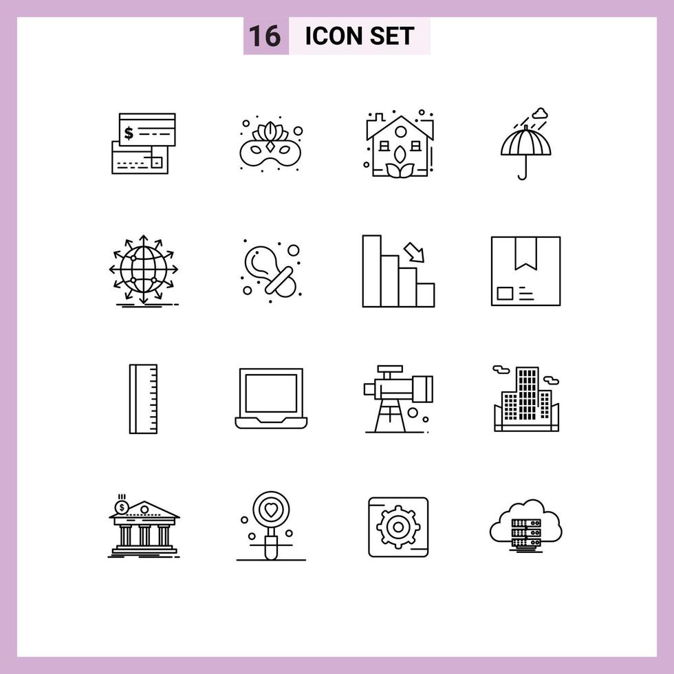 Modern Set of 16 Outlines Pictograph of weather rain face mask camping real Editable Vector Design Elements