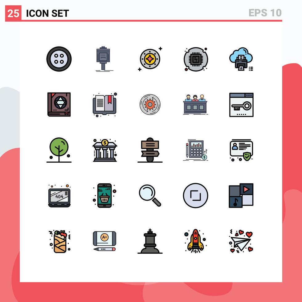 Set of 25 Commercial Filled line Flat Colors pack for hardware cpu cosmos chip star Editable Vector Design Elements