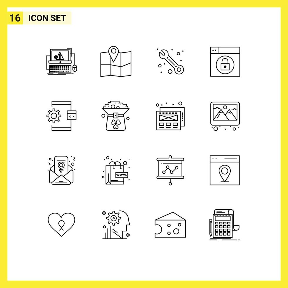 Mobile Interface Outline Set of 16 Pictograms of develop app customer unlock design Editable Vector Design Elements