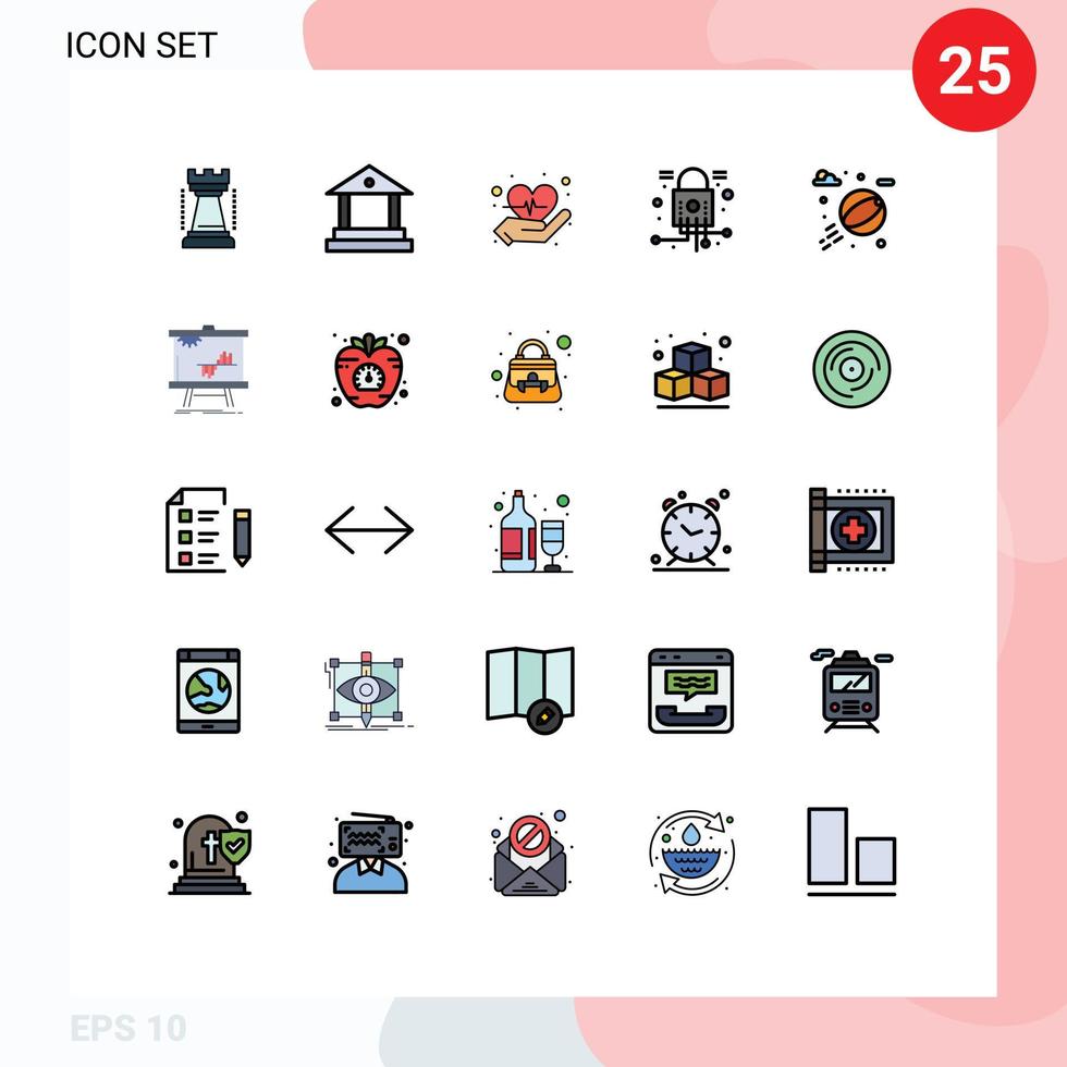 paquete de 25 modernos signos y símbolos de colores planos de línea rellena para medios de impresión web como elementos de diseño de vectores editables de red de pelota de playa de corazón de agua de negocios