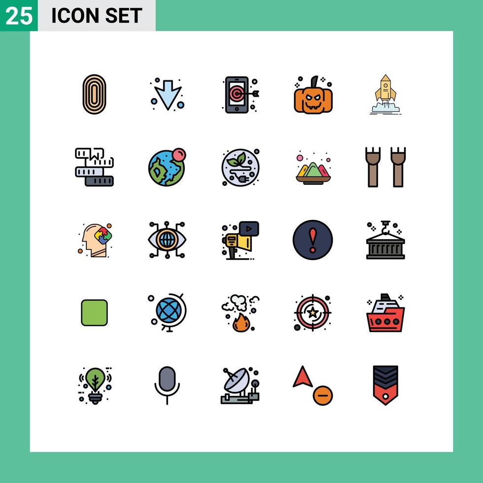 25 Universal Filled line Flat Color Signs Symbols of shuttle startup digital launch pumpkin Editable Vector Design Elements