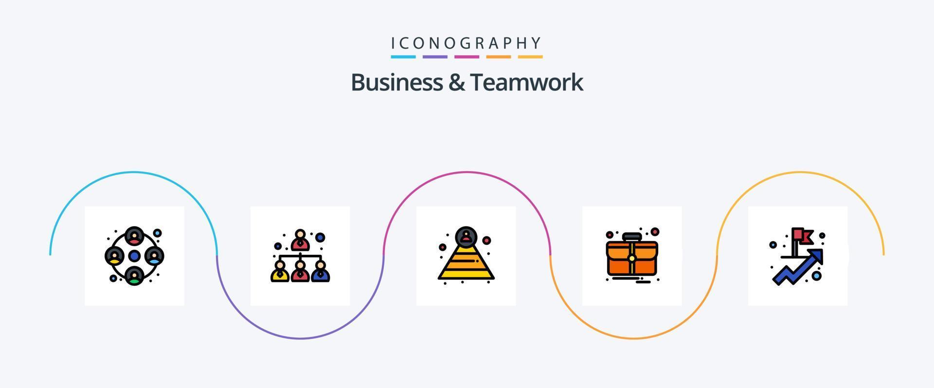 la línea de negocios y trabajo en equipo llenó el paquete de iconos planos 5 que incluye. objetivo. pirámide. negocio. cosa vector