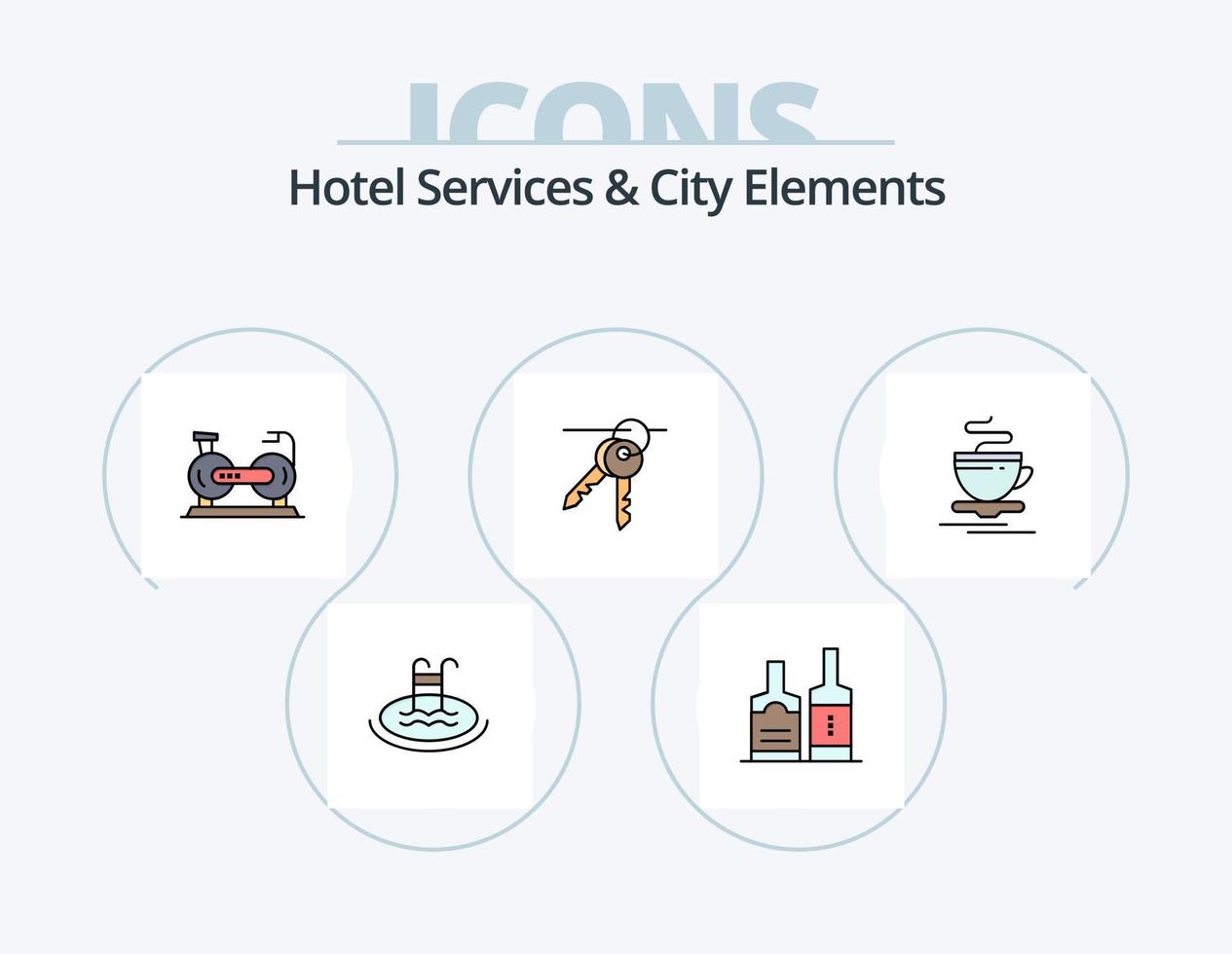 servicios de hotel y elementos de la ciudad línea llena de iconos paquete 5 diseño de iconos. localización. vidrio. navegador. alimento. hotel vector
