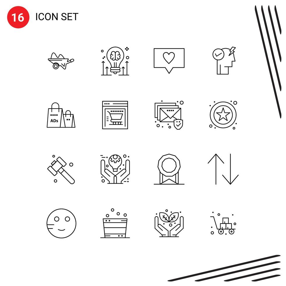 Modern Set of 16 Outlines Pictograph of power mode activate mind bulb brain love Editable Vector Design Elements