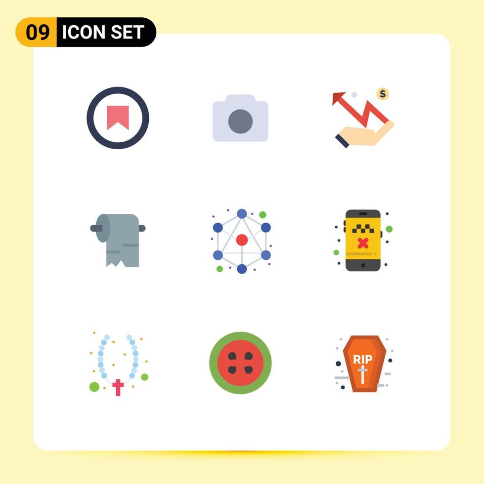 interfaz móvil conjunto de colores planos de 9 pictogramas de conexión de red limpieza de tejido manual elementos de diseño vectorial editables vector