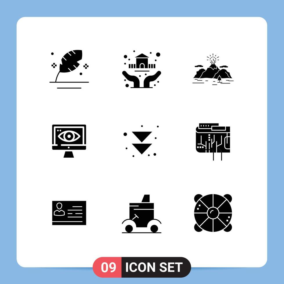 9 User Interface Solid Glyph Pack of modern Signs and Symbols of arrow security insurance computer mountain Editable Vector Design Elements
