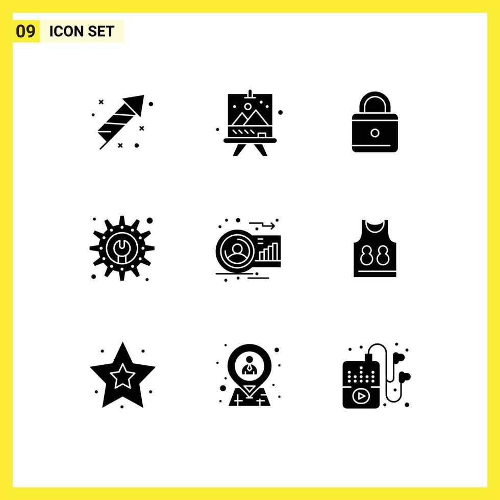 Pictogram Set of 9 Simple Solid Glyphs of human avatar education analysis gear Editable Vector Design Elements