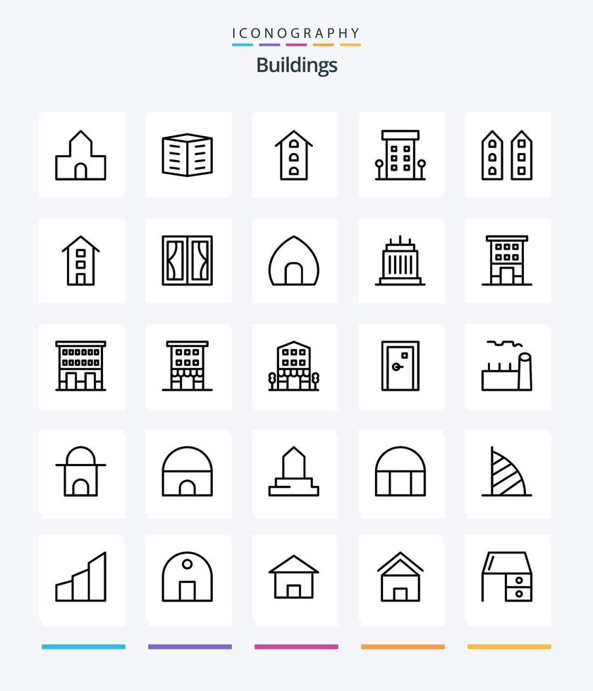Paquete de iconos de contorno de 25 edificios creativos, como el hogar. marco. edificios de oficinas. edificios tiendas vector