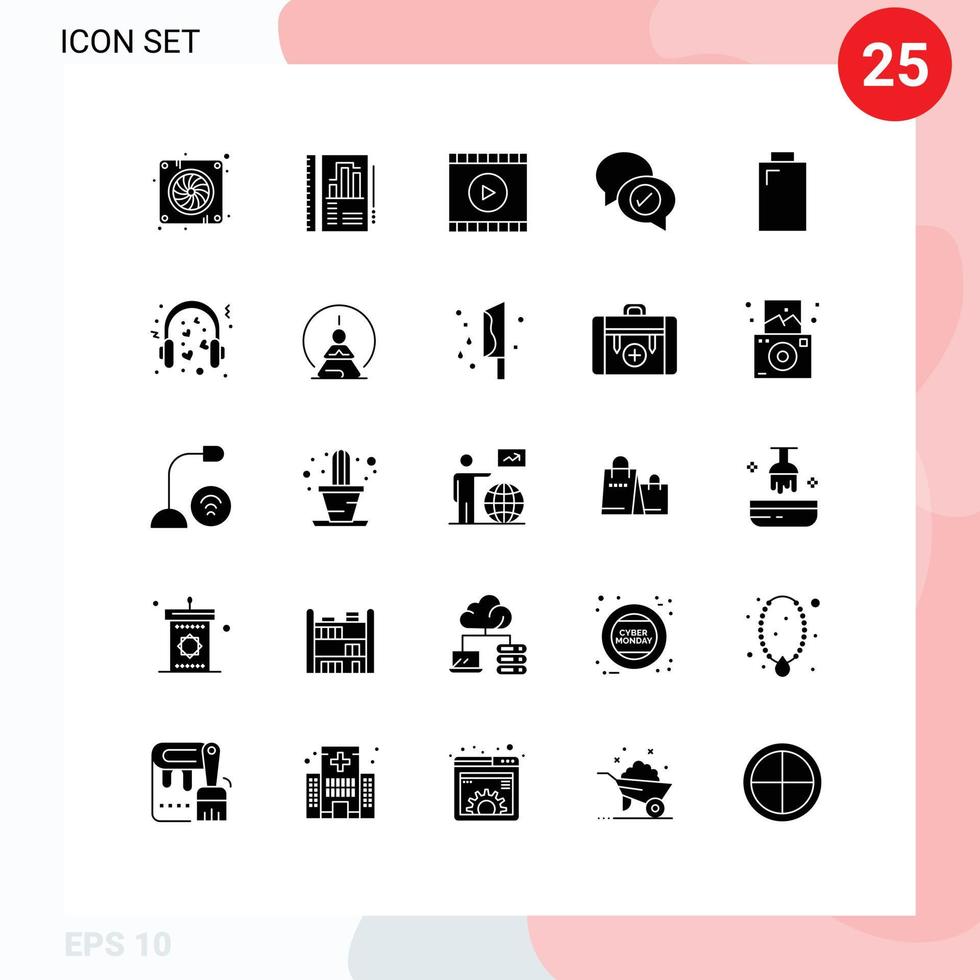 Mobile Interface Solid Glyph Set of 25 Pictograms of electric chatting media mail chat Editable Vector Design Elements