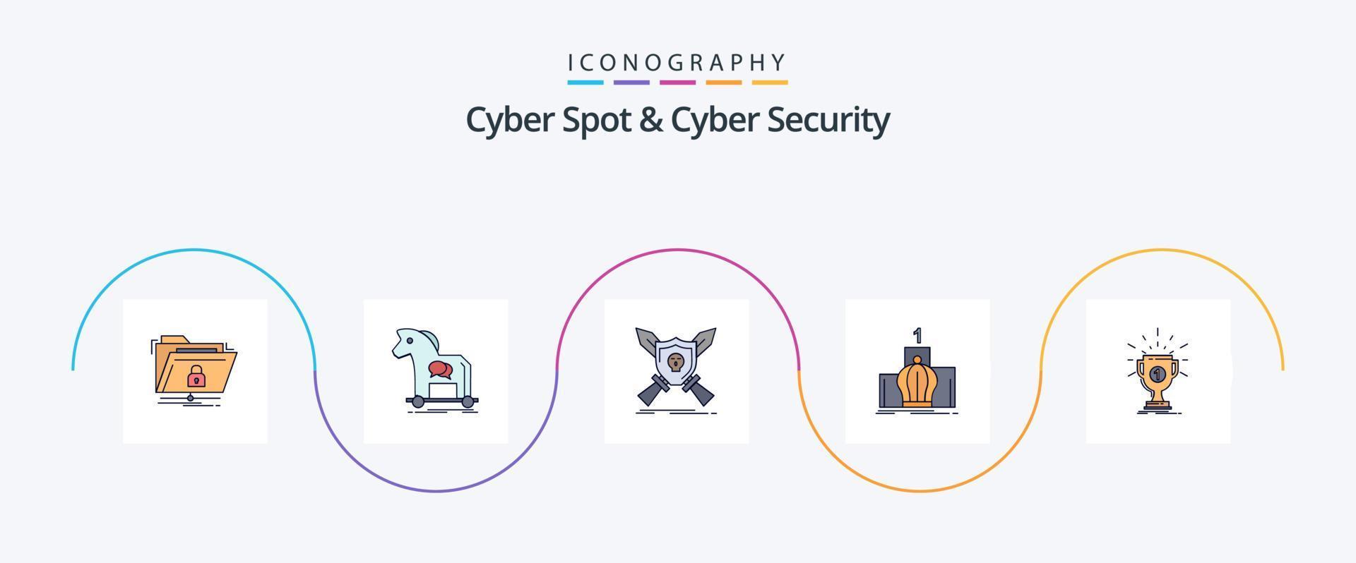 cyber spot y línea de seguridad cibernética llenaron un paquete de iconos planos 5 que incluye liderazgo. corona. troyano espadas juego vector