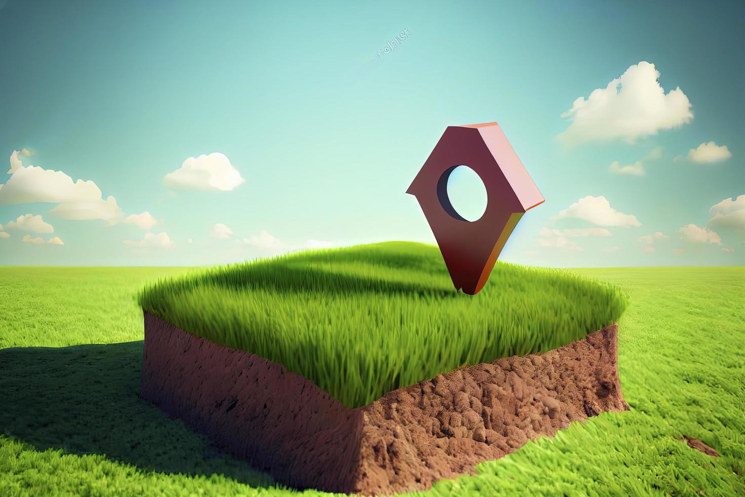 House symbol with location pin icon on earth and green grass in real estate sale photo