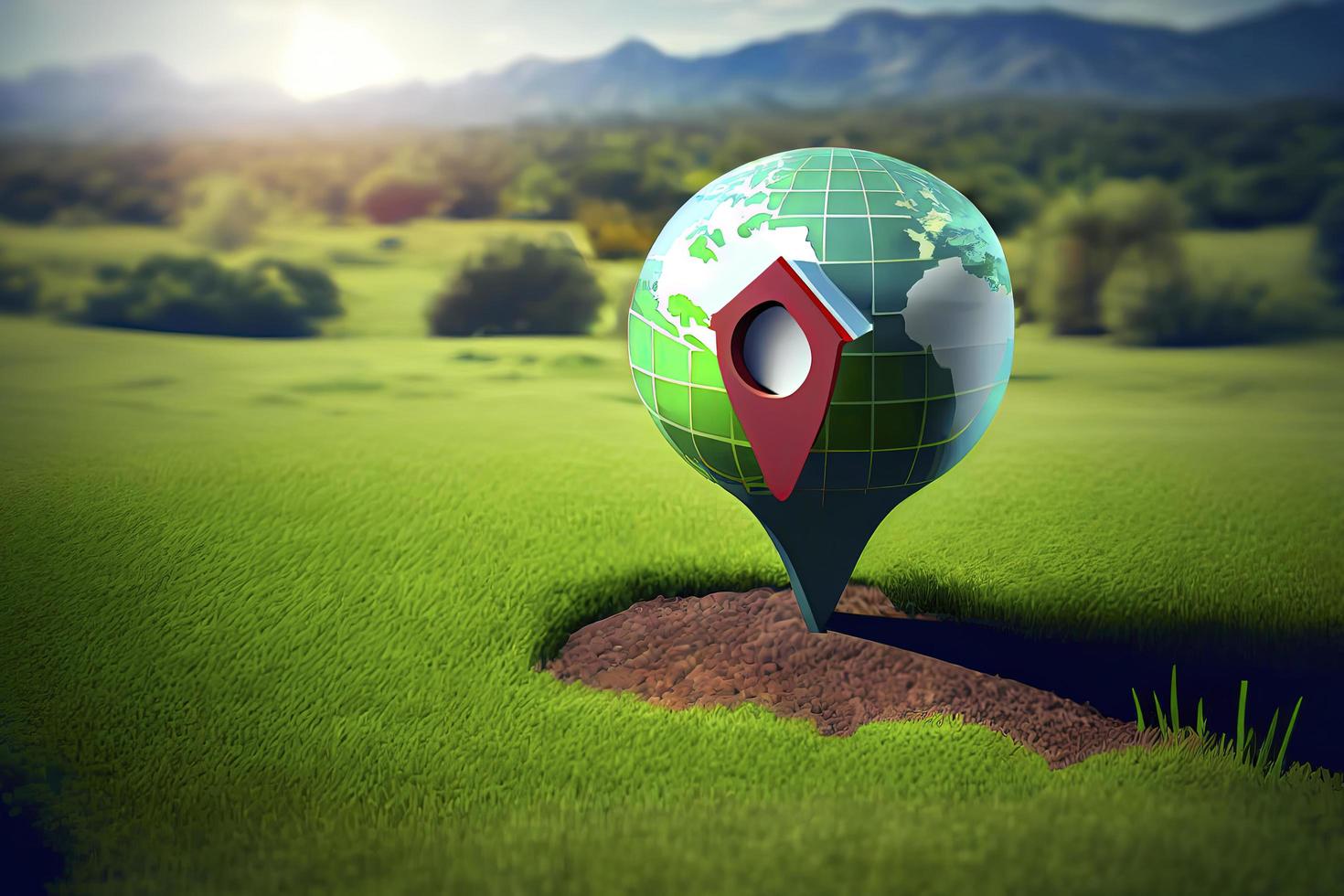 House symbol with location pin icon on earth and green grass in real estate sale photo