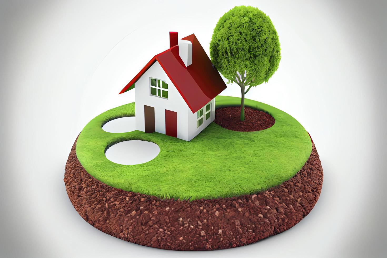 House symbol with location pin icon on round soil ground cross section with earth land photo