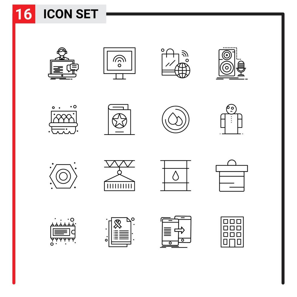 Group of 16 Outlines Signs and Symbols for record mic tv live iot Editable Vector Design Elements