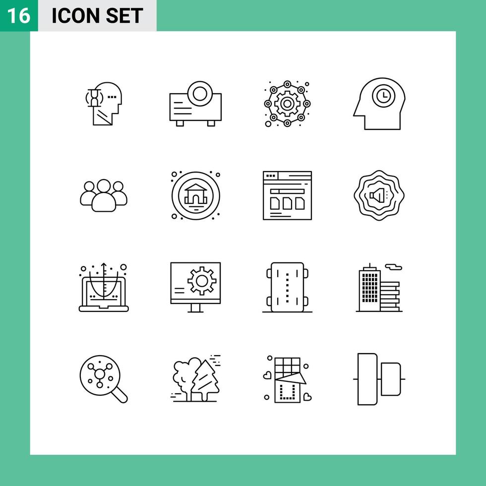 Mobile Interface Outline Set of 16 Pictograms of team group configuration friends head Editable Vector Design Elements