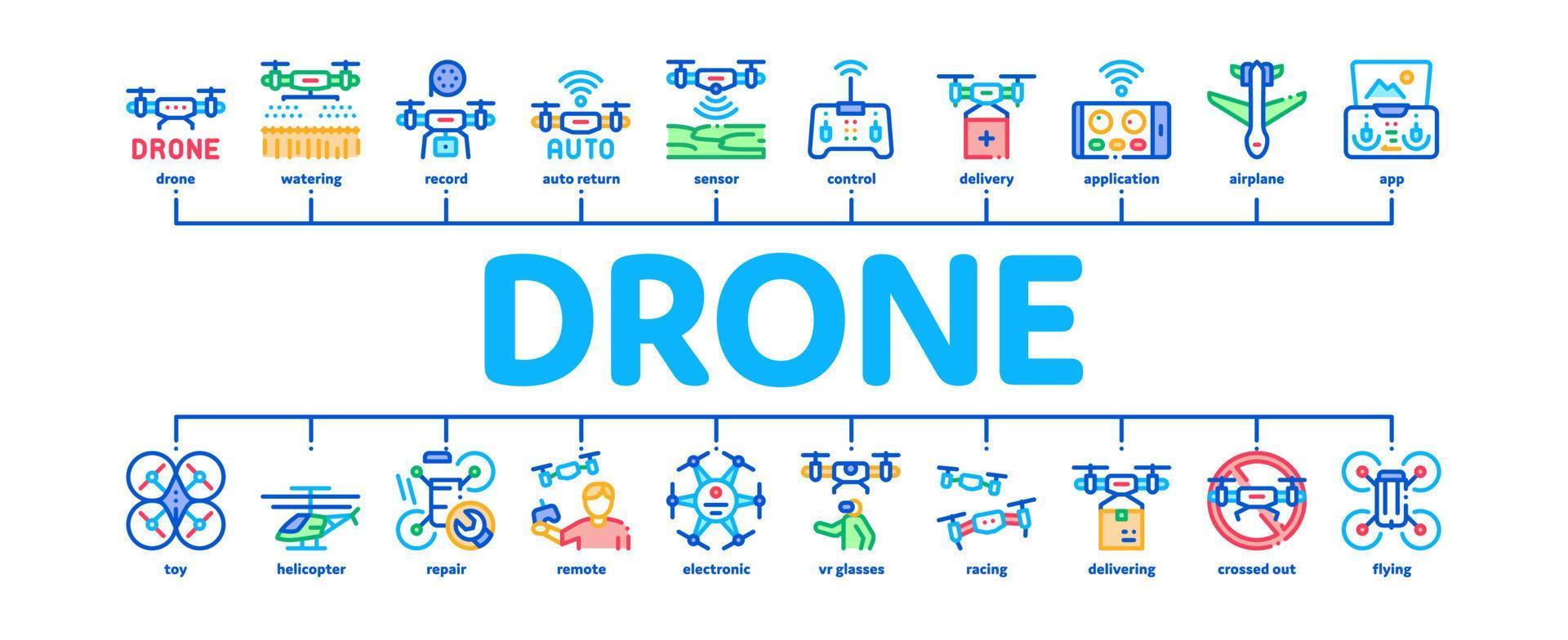 Drone Fly Quadrocopter Minimal Infographic Banner Vector