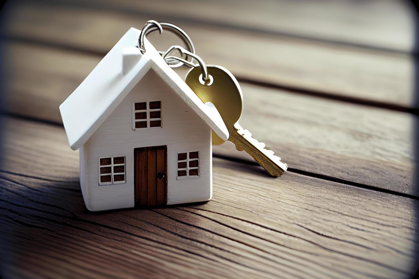 Real estate concept - Key ring and keys on white wooden background photo