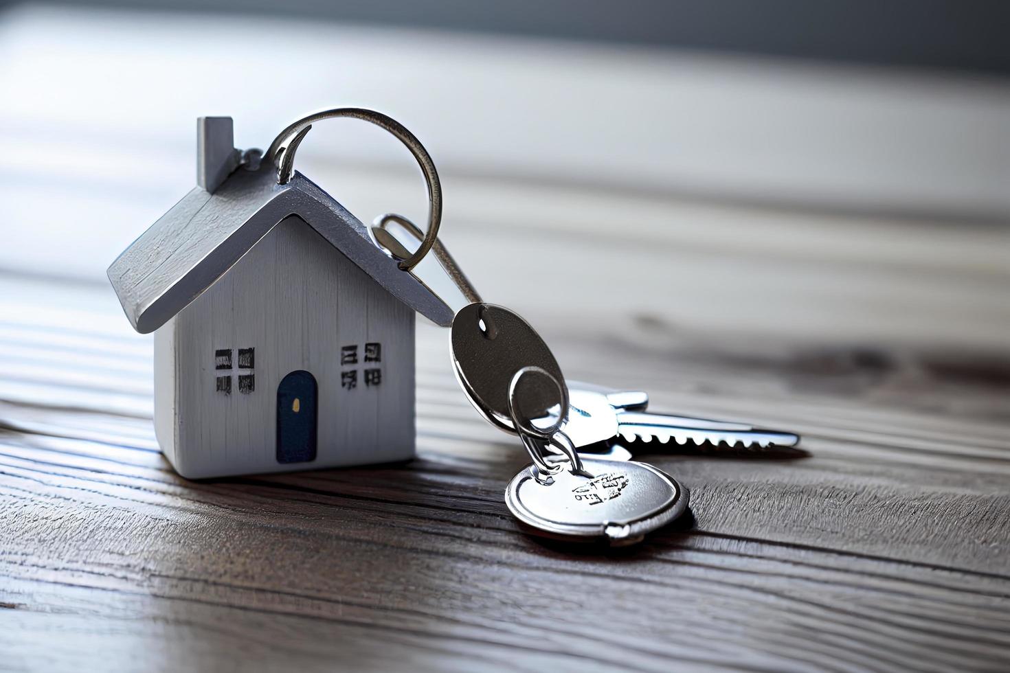 Real estate concept - Key ring and keys on white wooden background photo