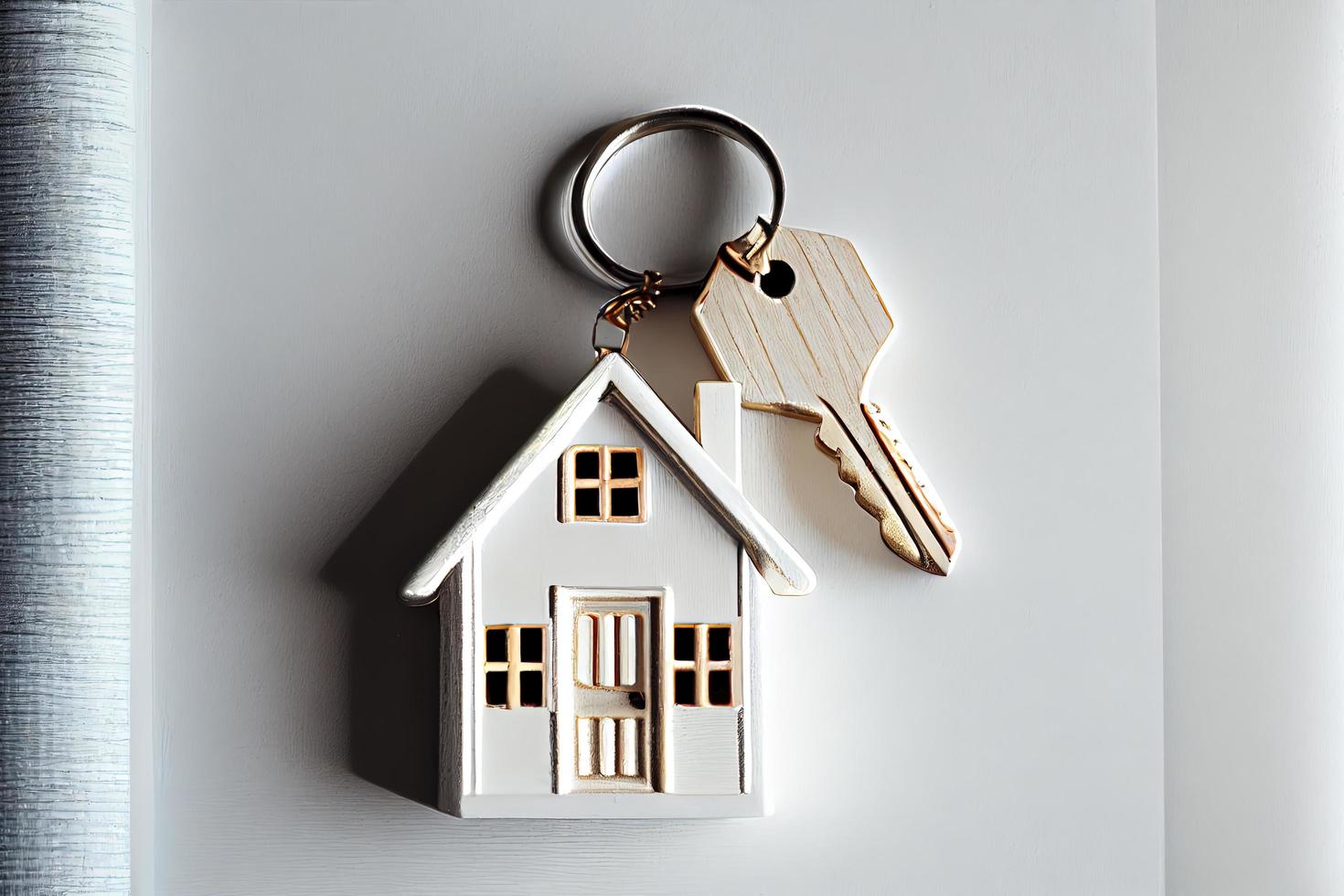 Real estate concept - Key ring and keys on white wooden background photo