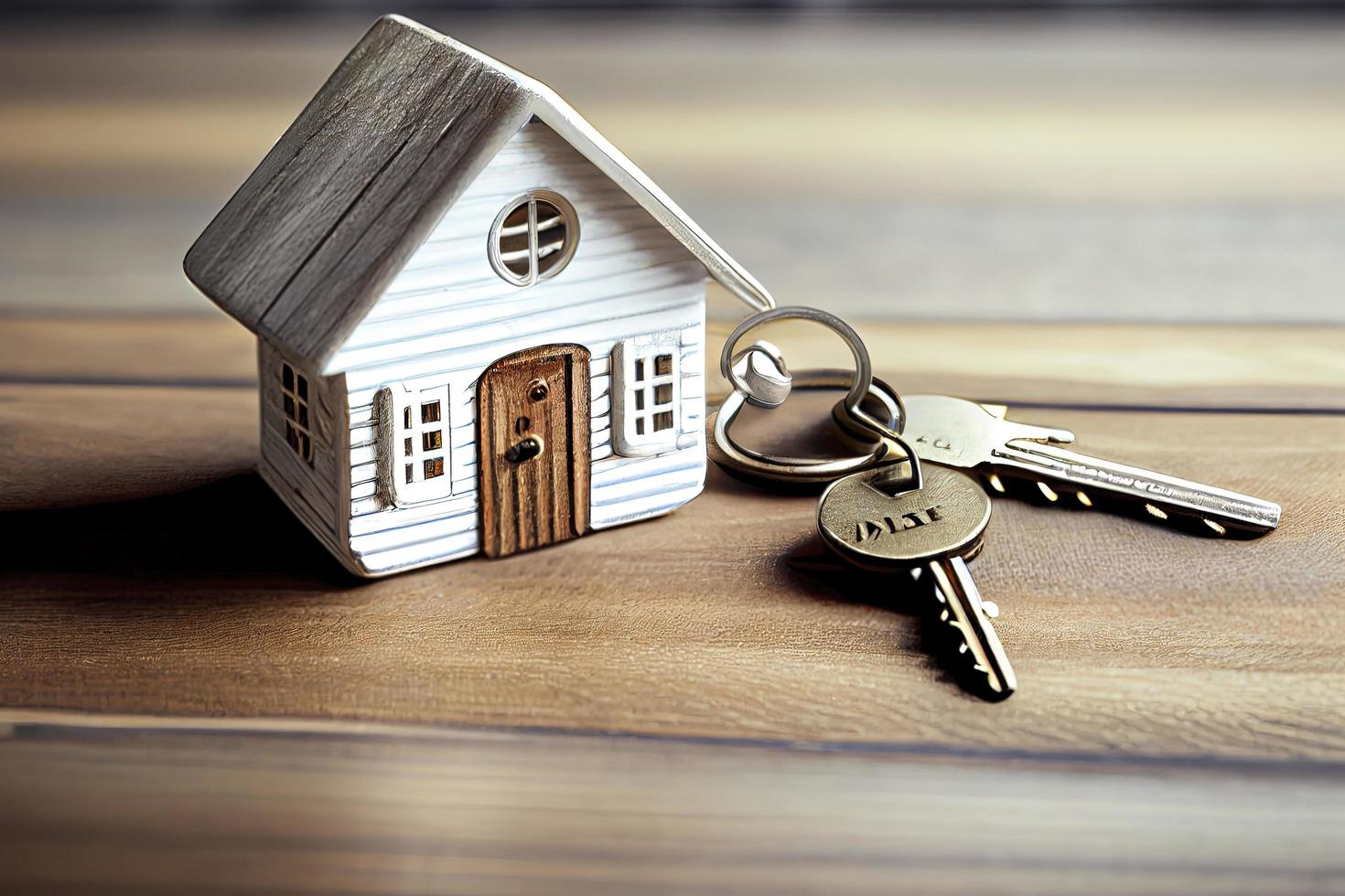 Real estate concept - Key ring and keys on white wooden background photo