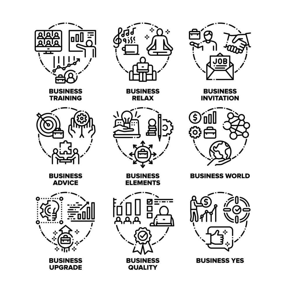 negocios mundo establecer iconos vector negro ilustraciones