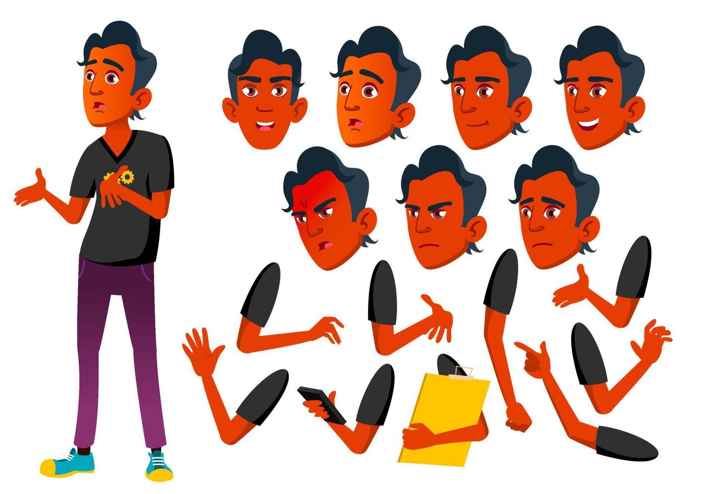 vector de chico adolescente. adolescente. indio, hindú. asiático. gracioso, amistad. enfrentar emociones, varios gestos. conjunto de creación de animación. ilustración de personaje de dibujos animados plano aislado