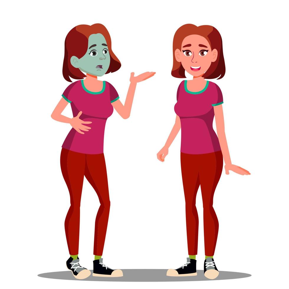 Sick Teen Girl With Green Face, Before And After Vector. Isolated Cartoon Illustration vector