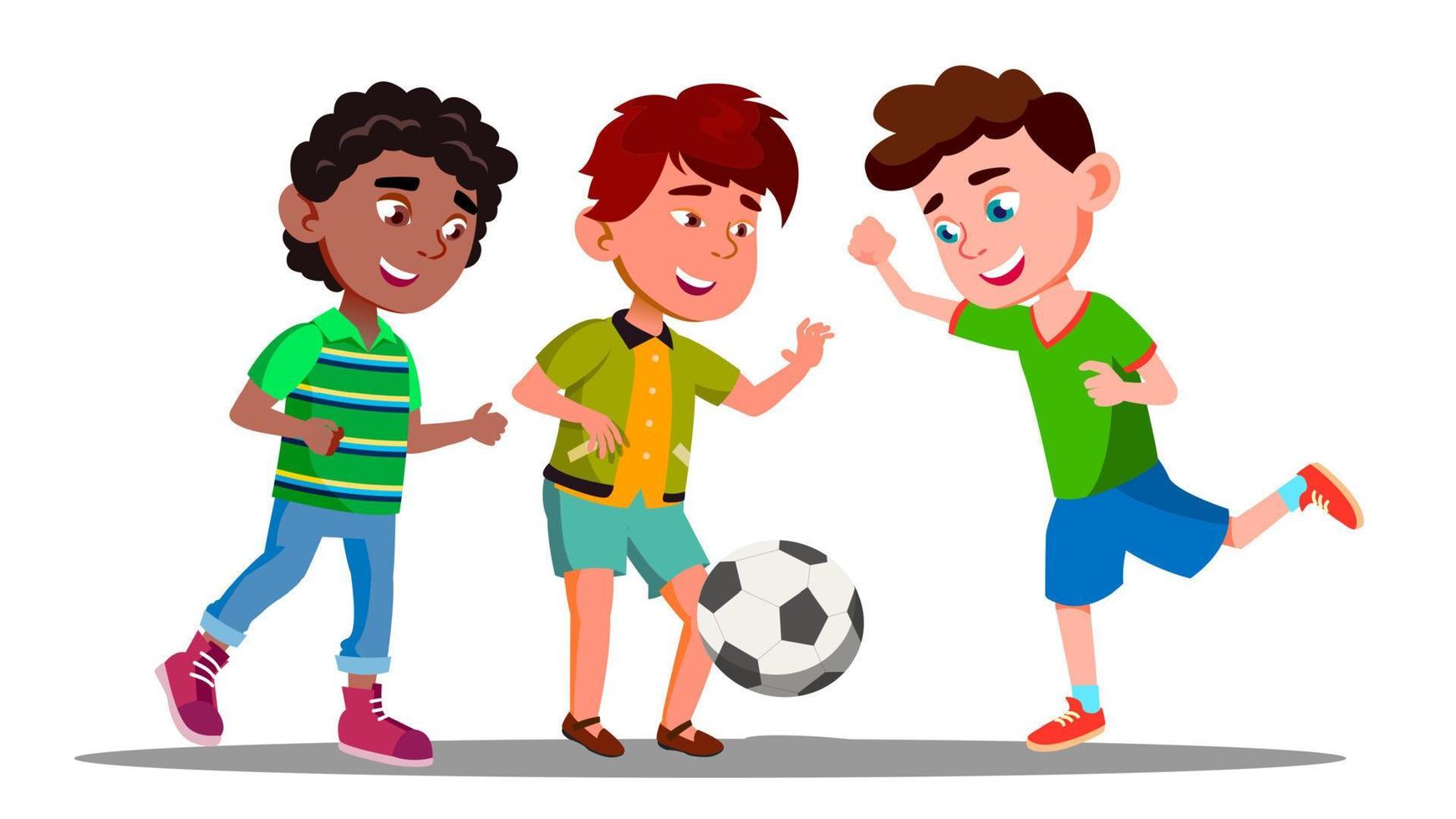 los niños afroamericanos, europeos y asiáticos juegan al fútbol en el vector del equipo internacional de fútbol. ilustración aislada