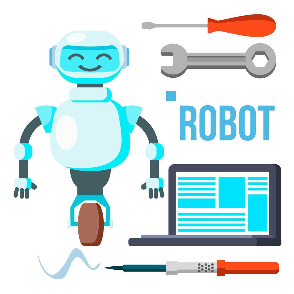 Robot With Laptop Vector. Homemade Assistant Helper. Isolated Flat Cartoon Illustration vector