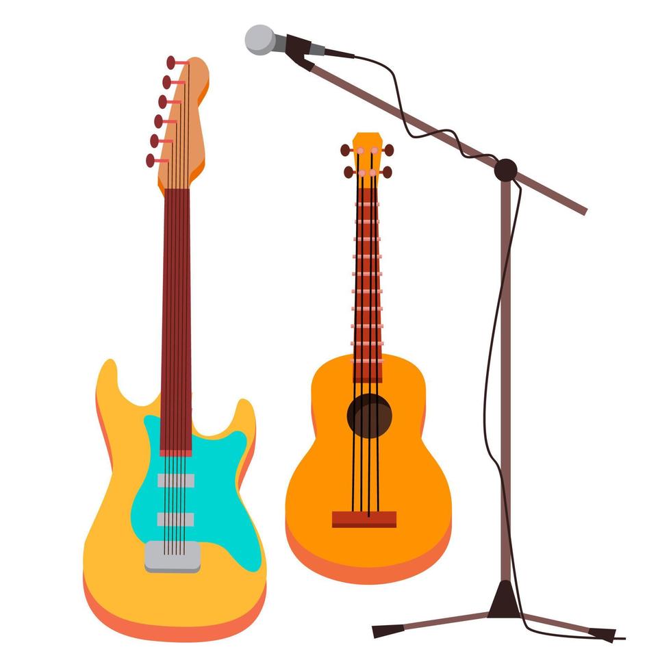 Guitar Vector. Electric, Classic. Microphone With Stand. String Musical Instrument. Isolated Cartoon Illustration vector