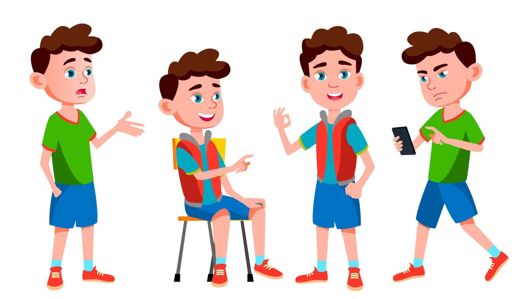 Boy Schoolboy Kid Poses Set Vector. Primary School Child. Auditorium. Friendship. Pose, Beauty. For Web, Brochure, Poster Design. Isolated Cartoon Illustration vector