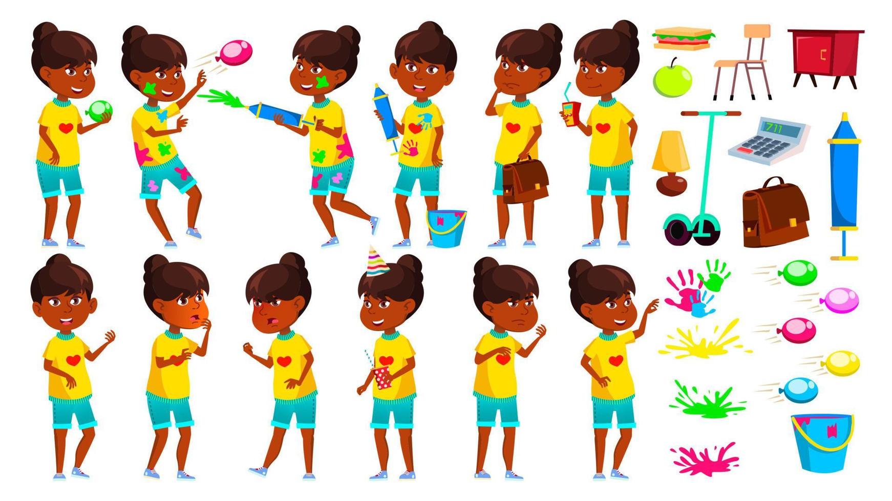 Indian Girl Poses Set Vector. Primary School Child. Teenage. Spring Holi Festival. Hindu. Asian. For Web, Brochure, Poster Design. Isolated Cartoon Illustration vector