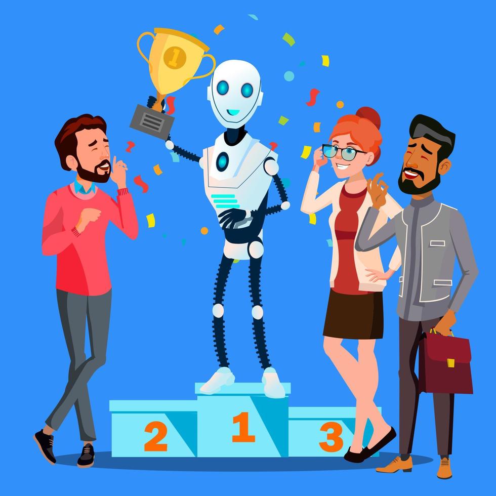 Robot Winner Stands On First Place Of Podium Among People Vector. Isolated Illustration vector