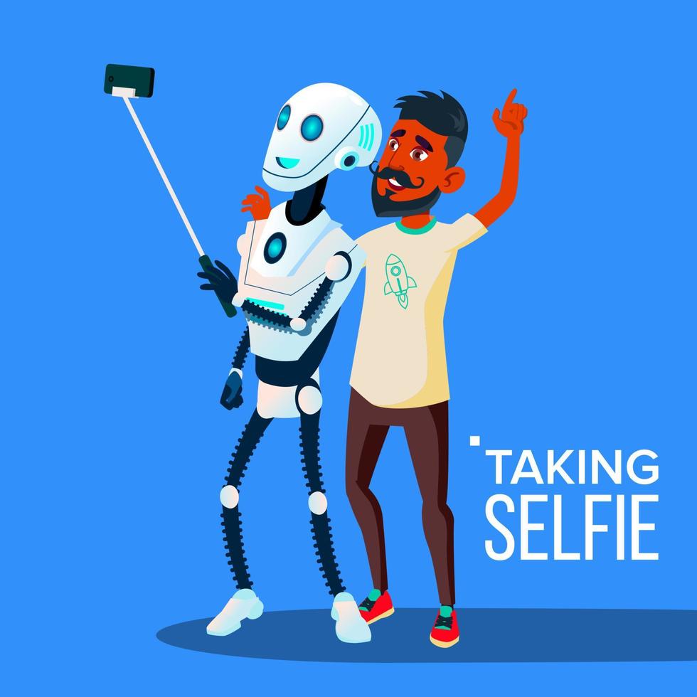 Robot Takes A Selfie On Smartphone With Friend Guy Vector. Isolated Illustration vector