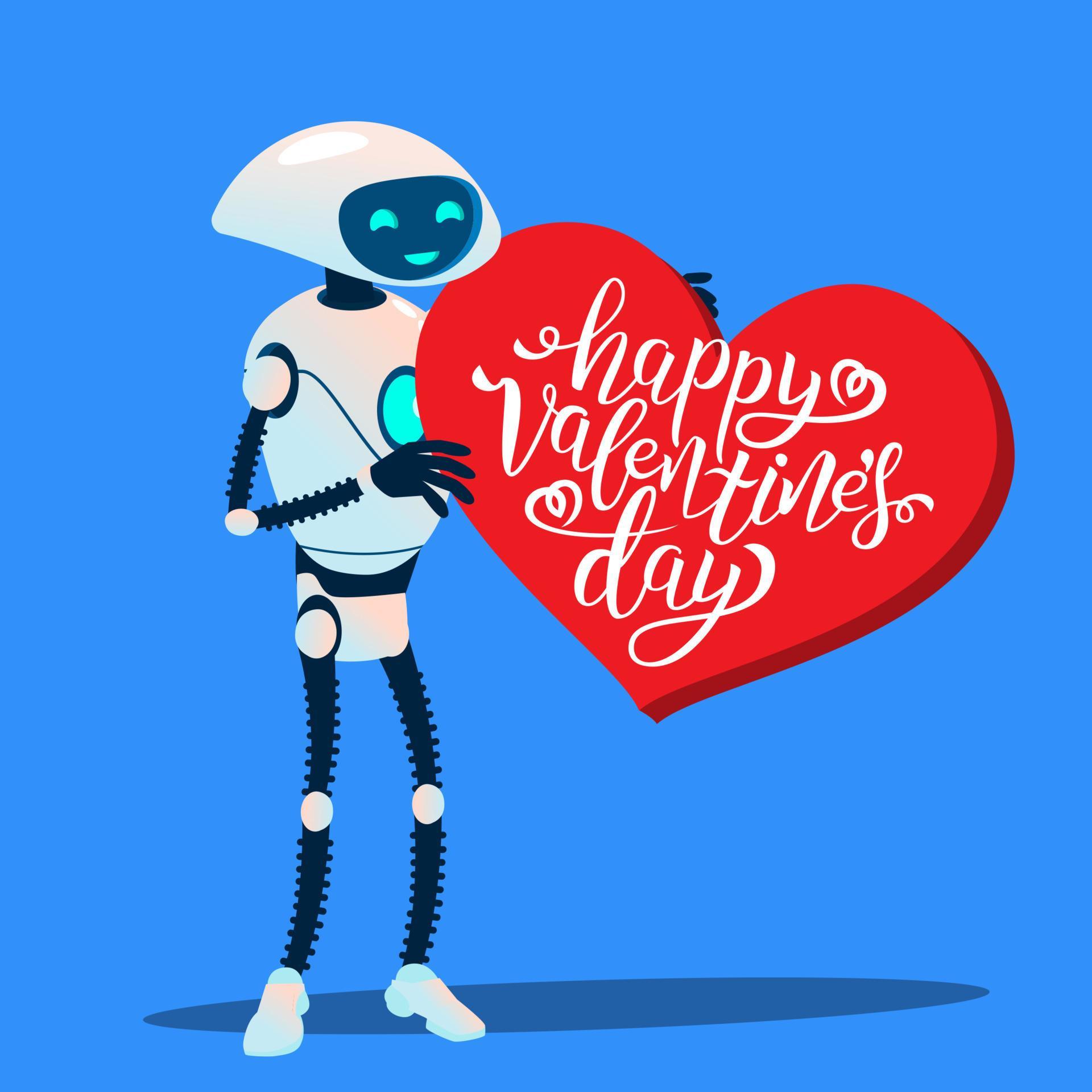 Robot With Huge Red Heart, Happy Valentines Day Vector. Isolated