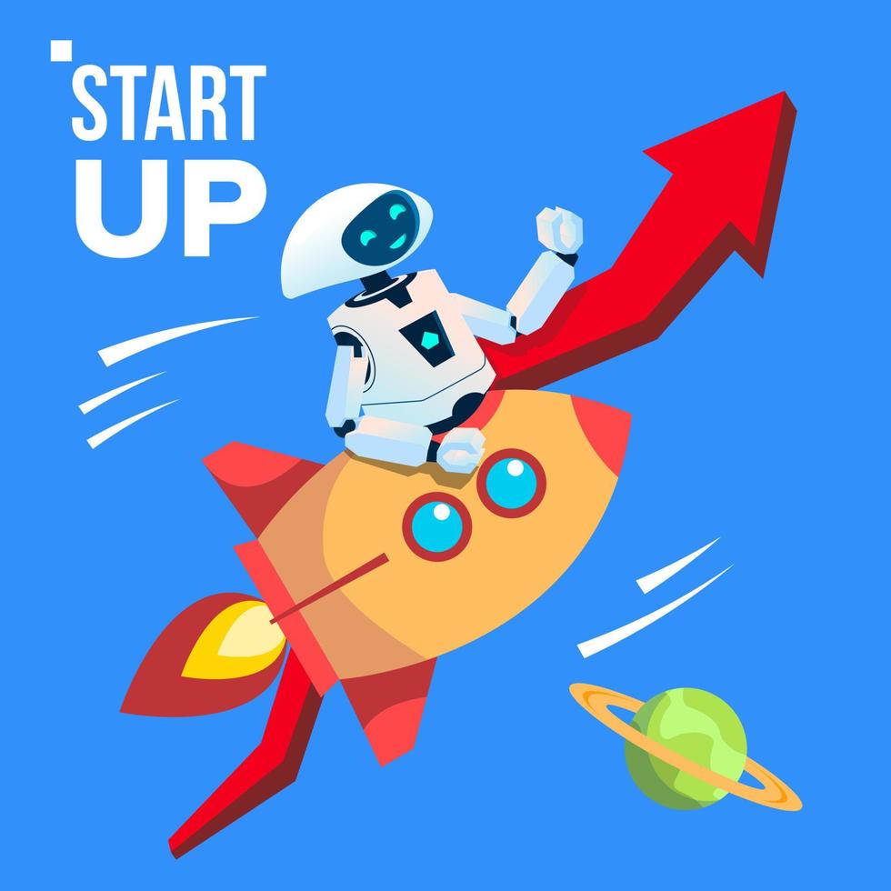 Robot Going By Space Rocket Vector. Start Up. Isolated Illustration vector