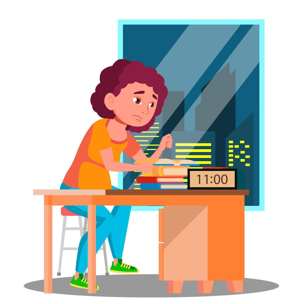 Tired Girl Preparing For The Exam At Night Vector. Isolated Illustration vector