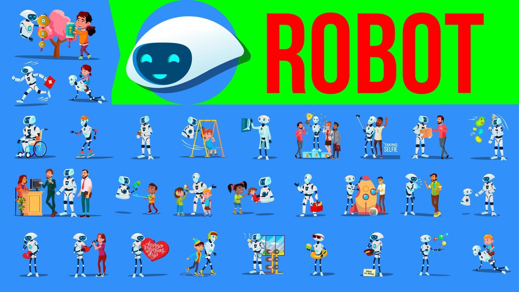 Robot Helper Set Vector. Future Lifestyle Situations. Working, Communicating Together. Cyborg, AI Futuristic Humanoid Character. Artificial Intelligence. Web Design. Robotic Technology Illustration vector