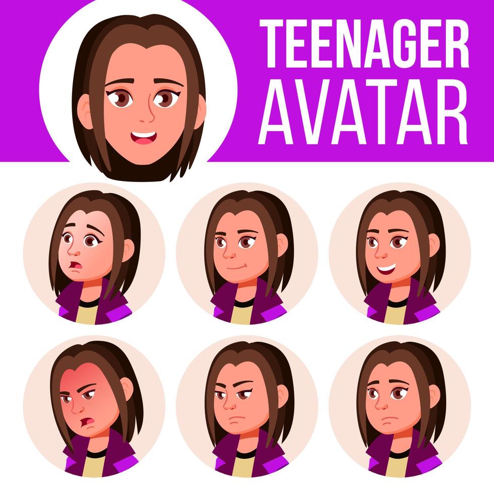 Teen Girl Avatar Set Vector. Face Emotions. Head, Icon. Childish, Happiness Enjoyment. Cartoon Head Illustration vector