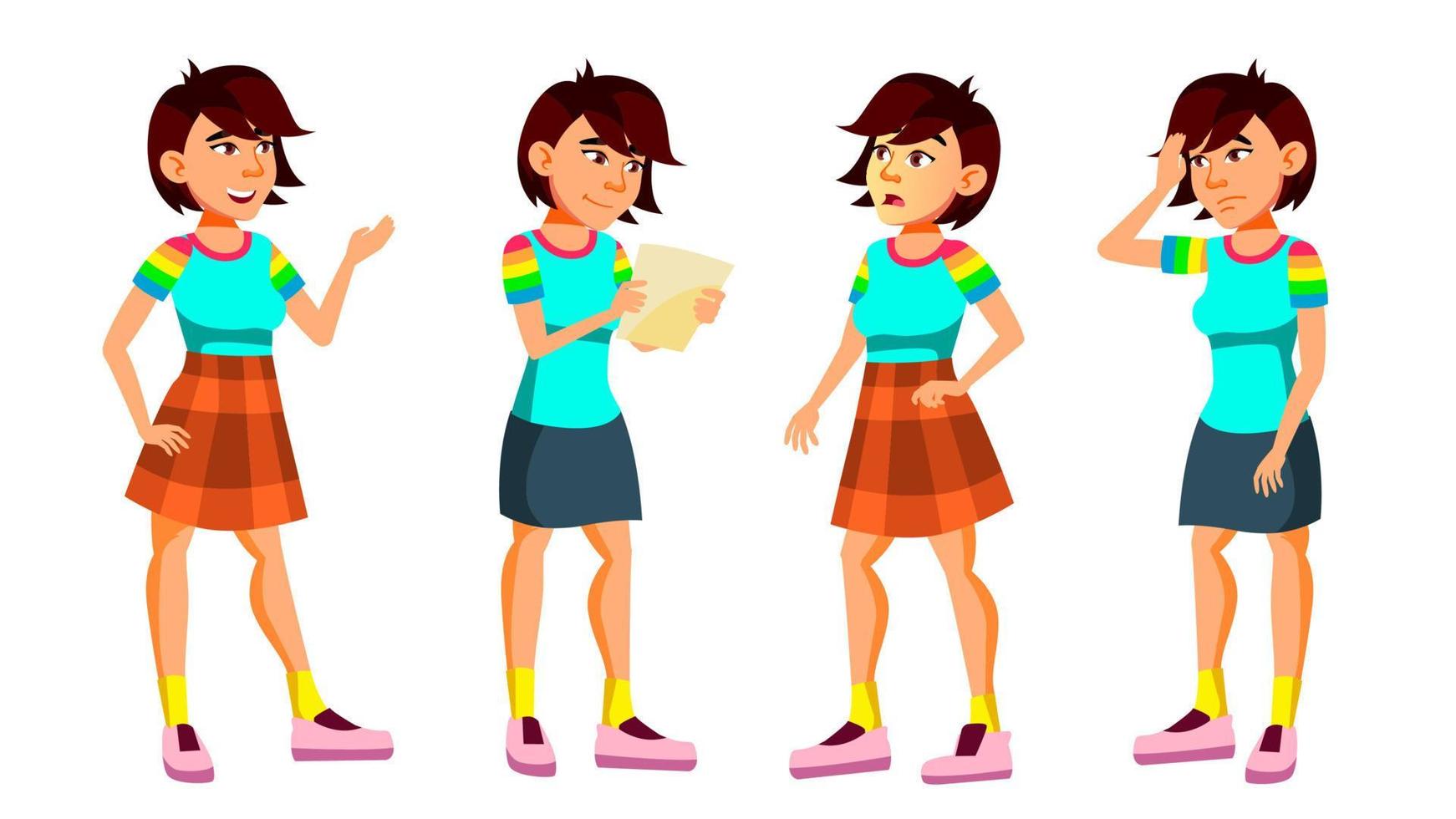 Asian Teen Girl Poses Set Vector. Active, Expression. For Presentation, Print, Invitation Design. Isolated Cartoon Illustration vector