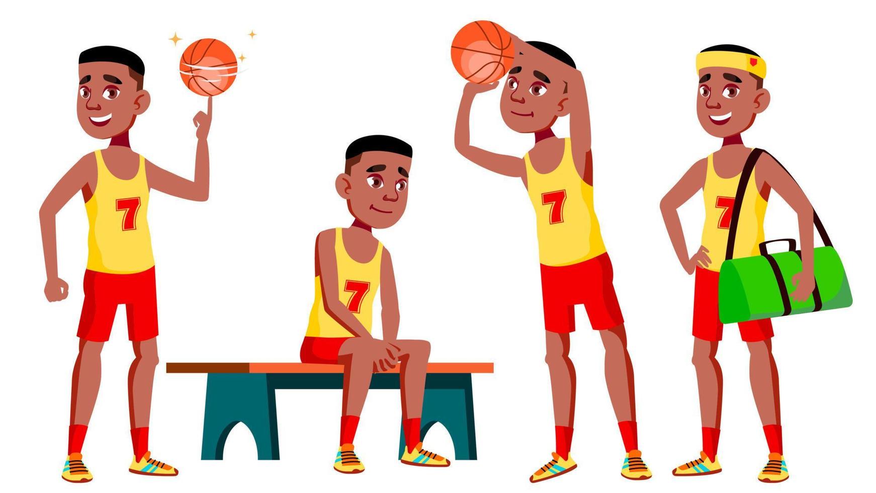 Teen Boy Poses Set Vector. Black. Afro American. Active, Expression. For Presentation, Print, Invitation Design. Isolated Cartoon Illustration vector