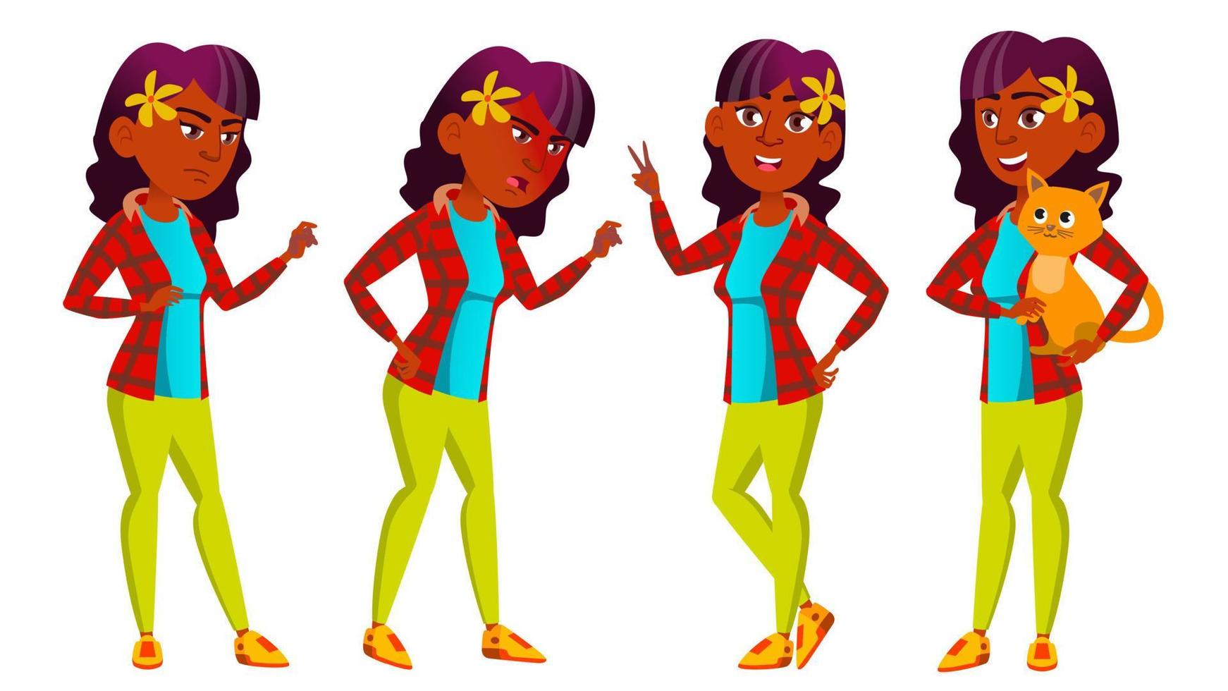 Teen Girl Poses Set Vector. Indian, Hindu. Asian. Friendly, Cheer. For Banner, Flyer, Brochure Design. Isolated Cartoon Illustration vector