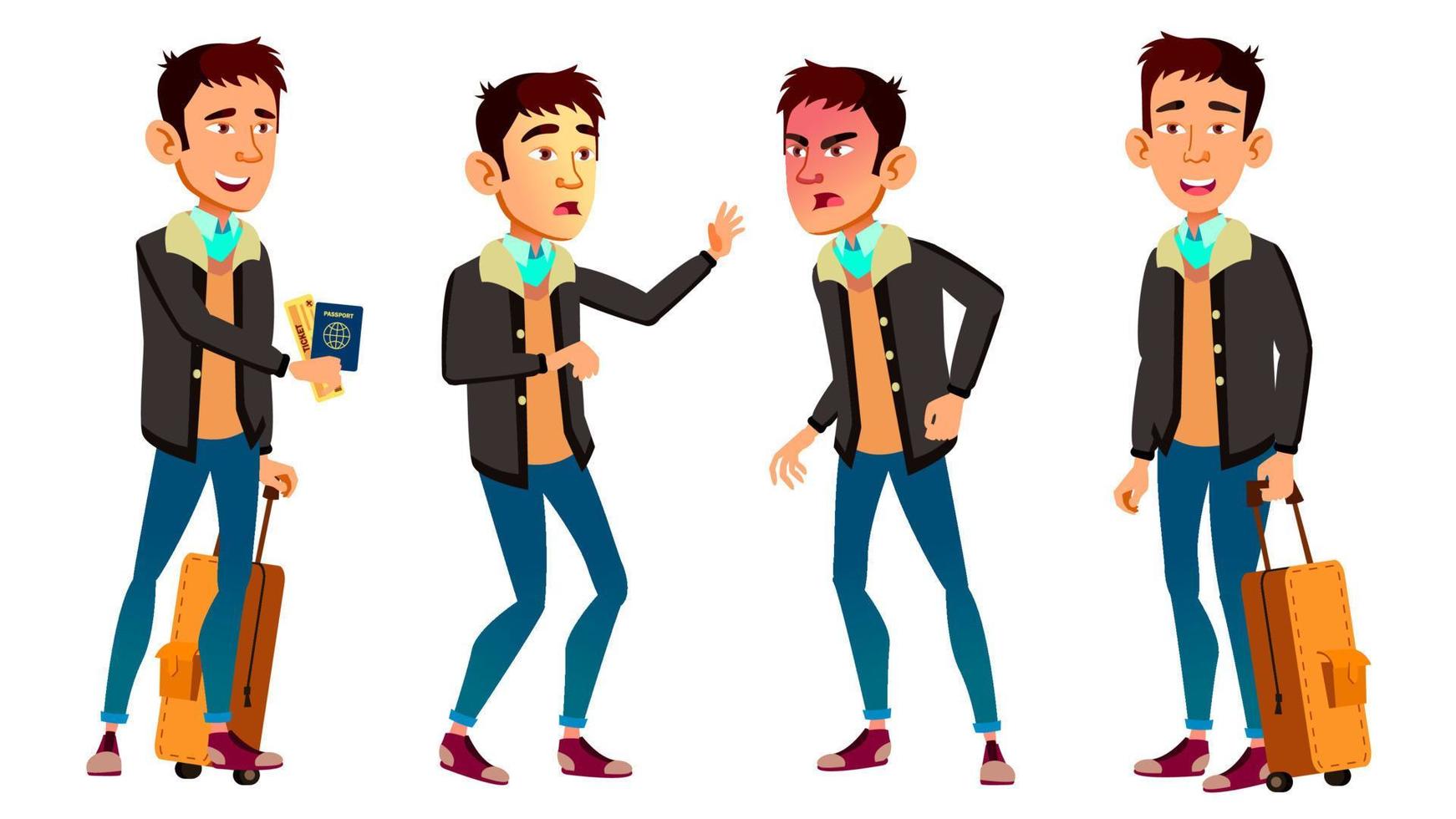 Asian Teen Boy Poses Set Vector. Fun, Cheerful. For Web, Poster, Booklet Design. Isolated Cartoon Illustration vector